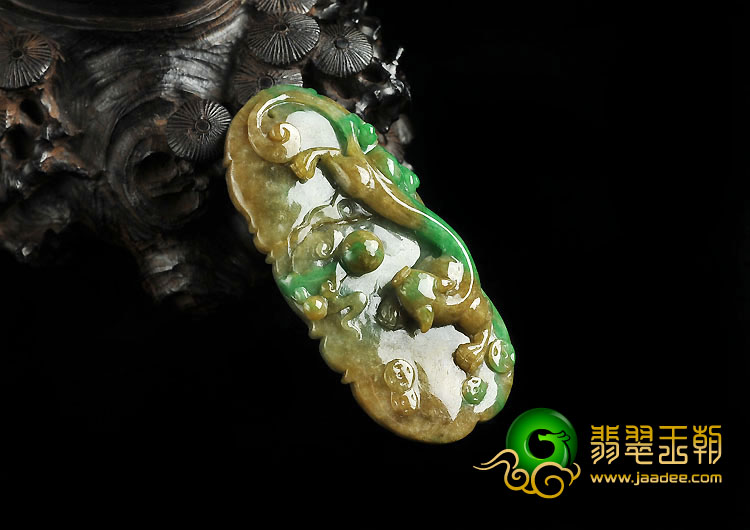 糯冰种黄加绿缅甸翡翠A货龙凤呈祥挂件