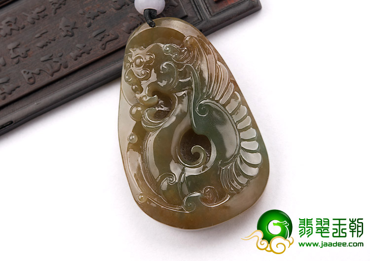 冰种褐黄翡缅甸翡翠A货龙凤呈祥挂件