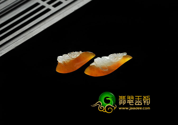冰种黄翡缅甸翡翠A货龙头戒面（一对）