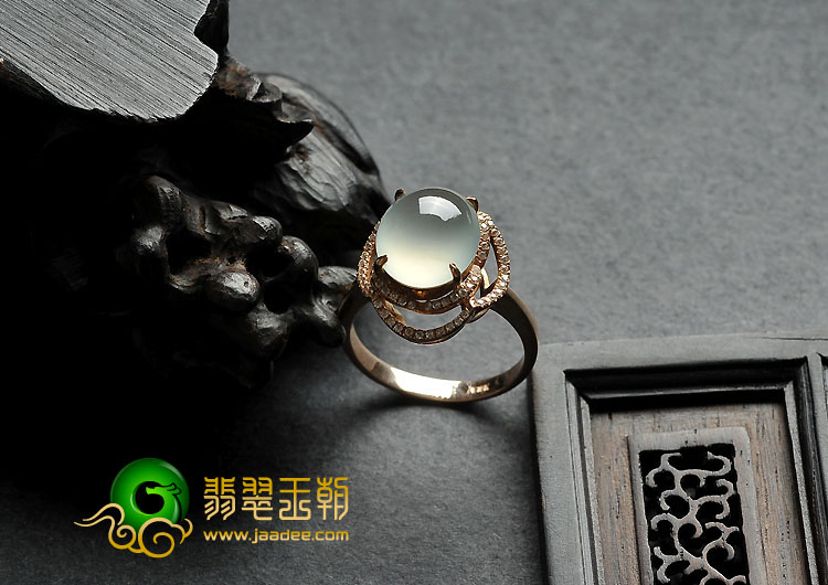冰种晴水缅甸翡翠A货镶玫瑰金戒指（水钻）