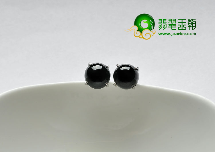 冰种墨翠缅甸翡翠A货镶白金耳钉