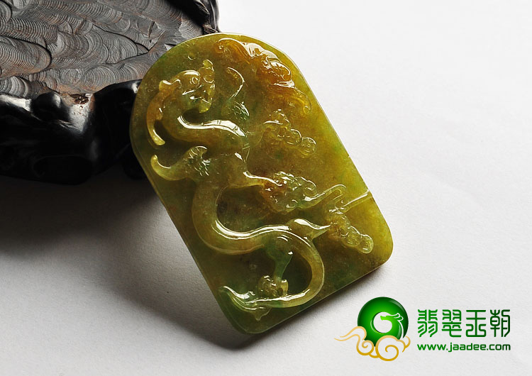 糯冰种褐黄翡缅甸翡翠A货螭龙牌挂件