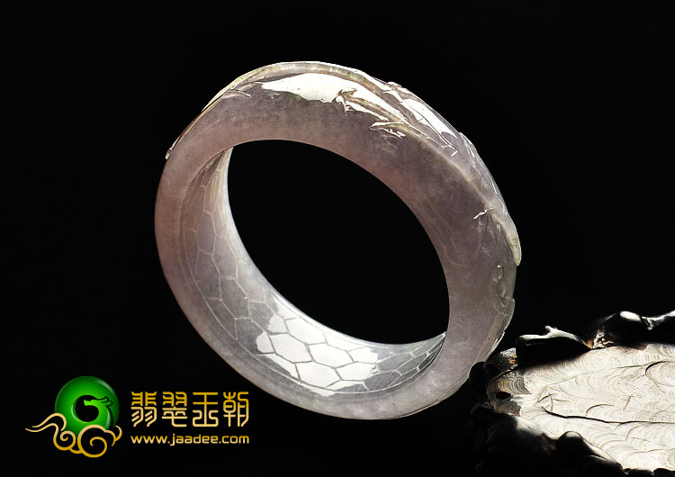冰种淡紫罗兰缅甸翡翠A货雕花手镯（58mm）