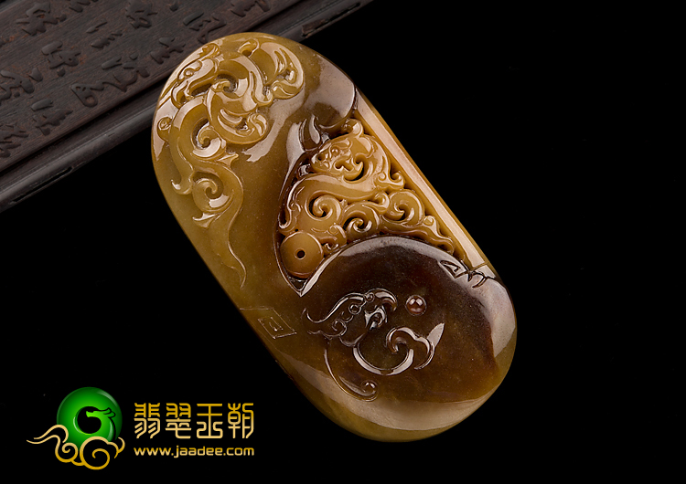 糯冰种褐黄翡缅甸翡翠A货龙凤呈祥挂件