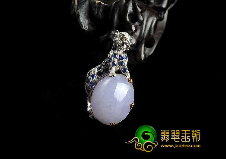 糯冰种紫罗兰缅甸翡翠A货镶白金蓝宝石翡翠猎豹胸坠（真钻）