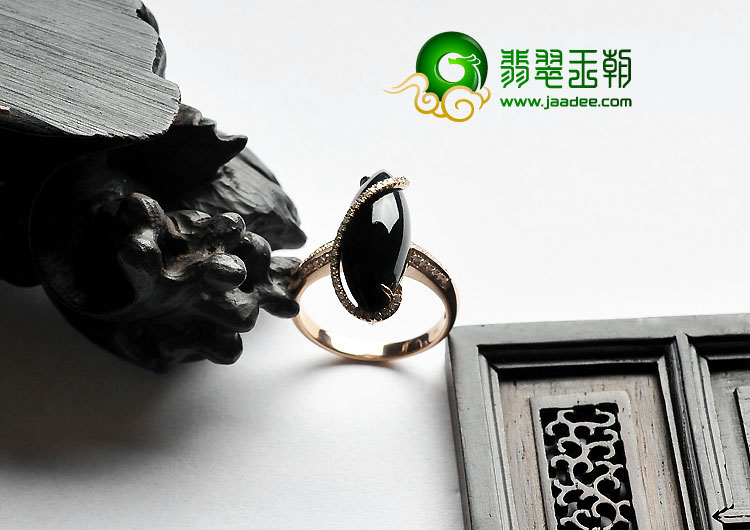 冰玻种墨翠缅甸翡翠A货镶玫瑰金女戒（真钻）