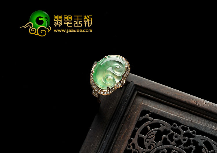 冰玻种黄秧绿缅甸翡翠A货镶玫瑰金如意戒指（真钻）