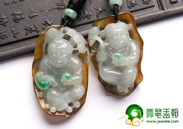冰种褐黄翡飘翠缅甸翡翠A货金童玉女挂件