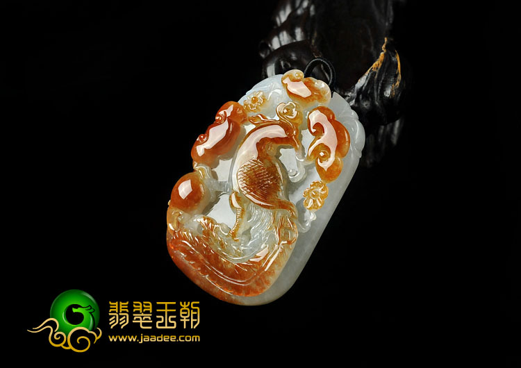 糯冰种褐黄翡缅甸翡翠A货有凤来仪挂件