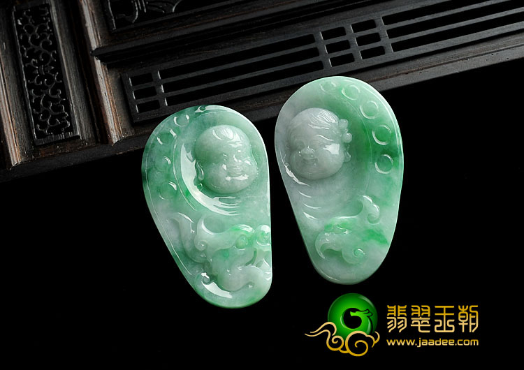 糯冰种飘翠缅甸翡翠A货金童玉女挂件（一对）