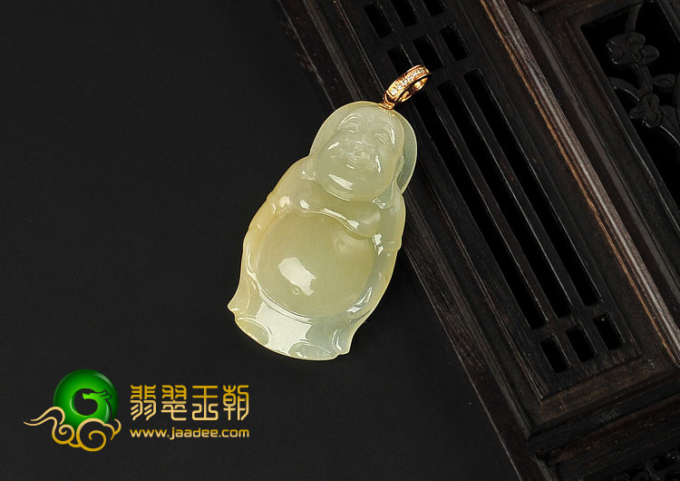冰种淡黄翡缅甸翡翠A货站佛挂件
