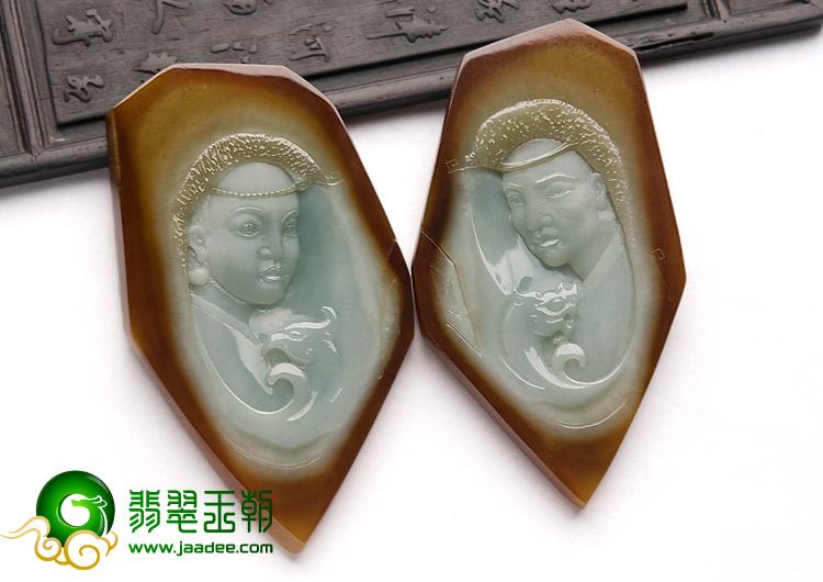 糯冰种褐红翡缅甸翡翠A货千古情缘挂件（一对）