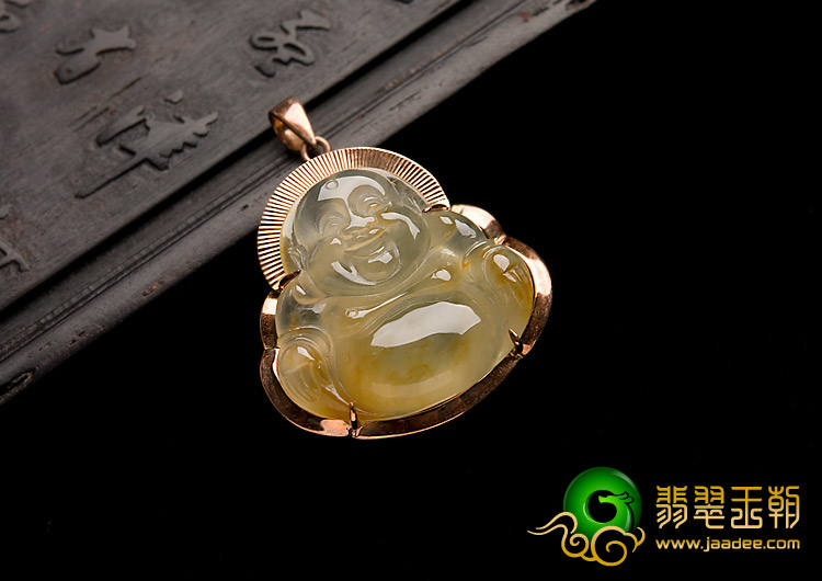 冰种黄翡缅甸翡翠A货镶金玉佛胸坠