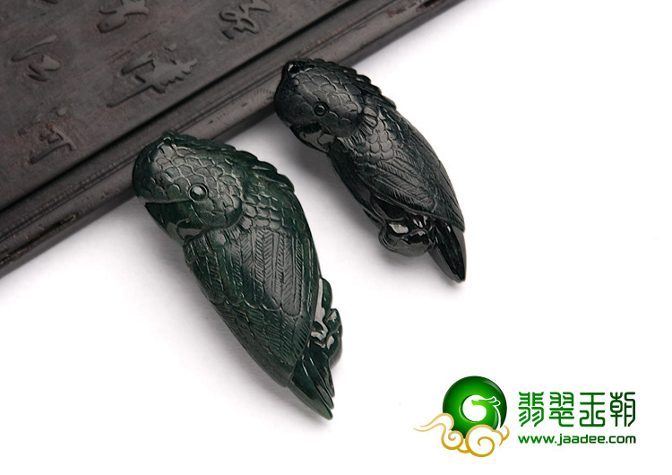 细糯种墨翠缅甸翡翠A货英明神武挂件（一对）