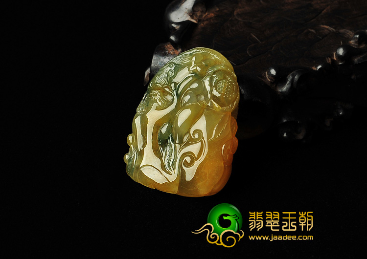冰种黄翡飘花缅甸翡翠A货鸟语花香挂件