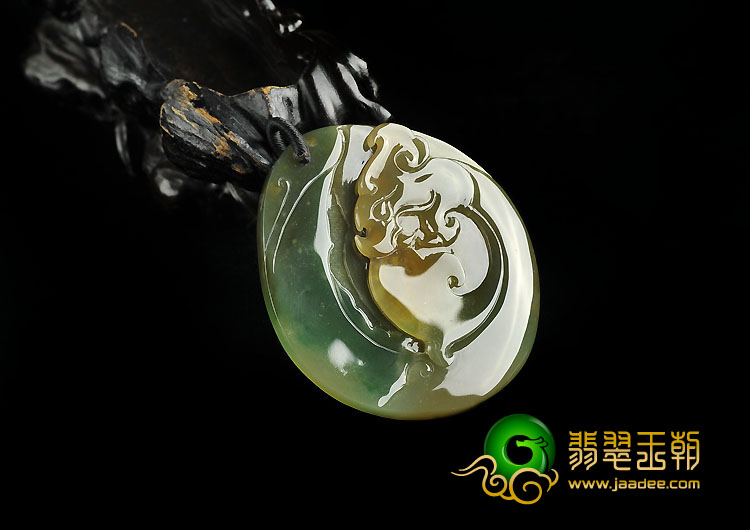 冰种黄加绿缅甸翡翠A货龙凤呈祥挂件