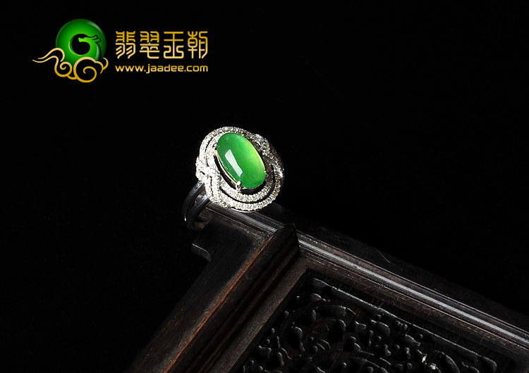 冰玻种黄秧绿缅甸翡翠A货镶白金戒指（真钻）