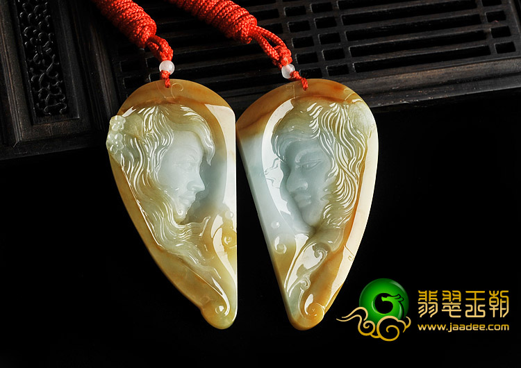 糯冰种红黄翡缅甸翡翠A货天生一对挂件