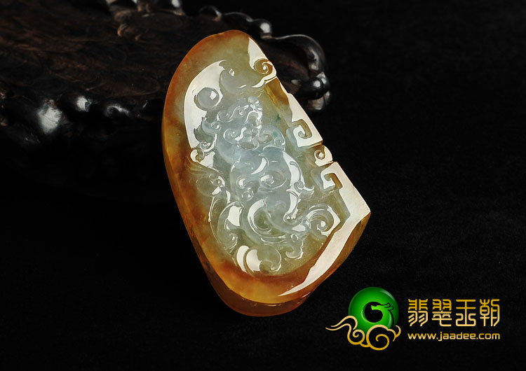 冰种黄翡略飘花缅甸翡翠A货龙凤呈祥挂件