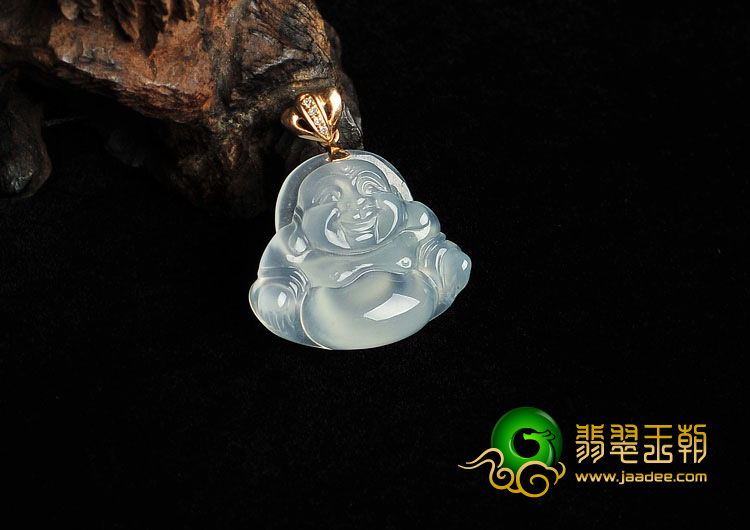 冰玻种晴水缅甸翡翠A货镶金扣玉佛挂件