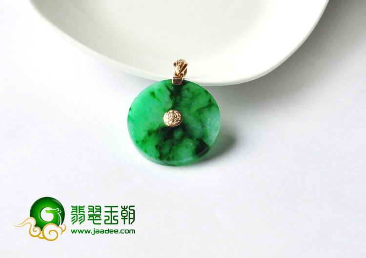 糯冰种翠色缅甸翡翠A货镶玫瑰金平安扣胸坠（真钻）