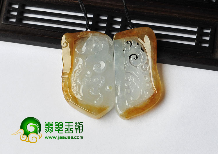 冰种褐黄翡缅甸翡翠A货龙凤牌挂件（一对）