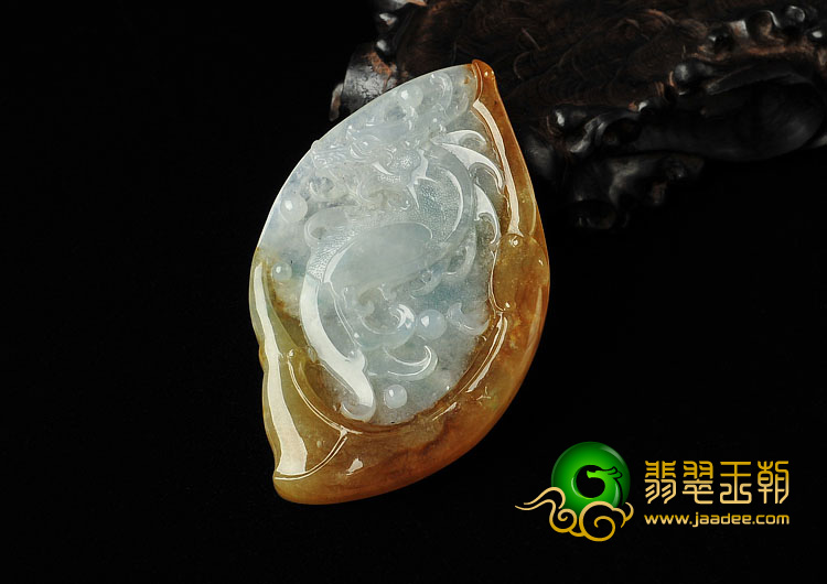 冰种褐黄翡略飘花缅甸翡翠A货龙凤牌挂件