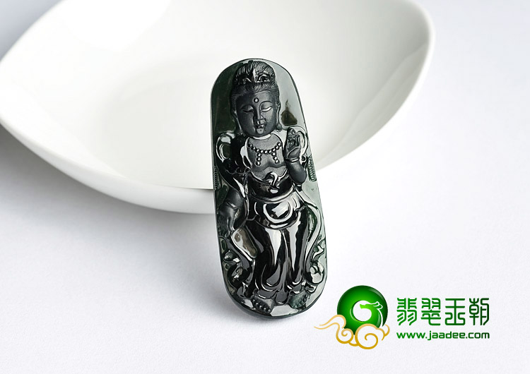冰玻种墨翠缅甸翡翠A货站观音挂件