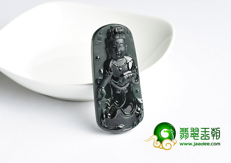 冰玻种墨翠缅甸翡翠A货站观音挂件