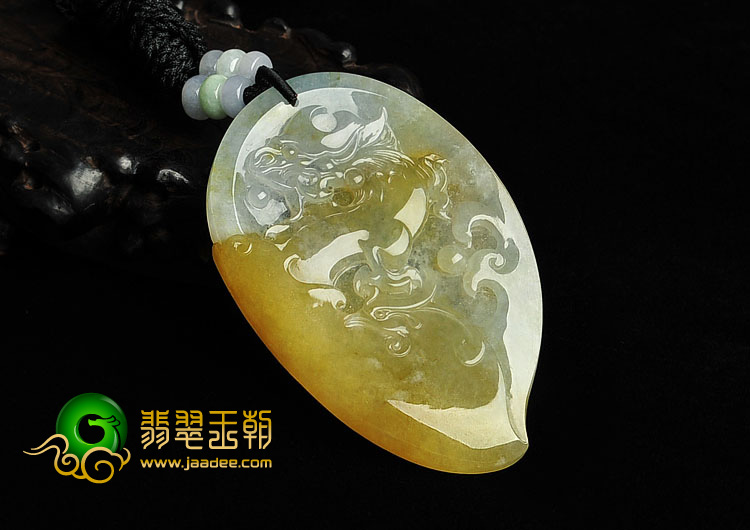 冰种黄翡略飘花缅甸翡翠A货龙凤呈祥挂件