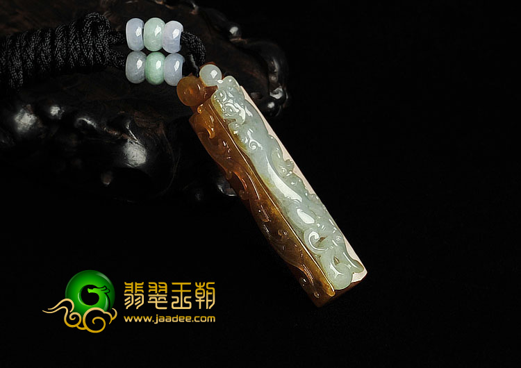 冰种褐黄翡缅甸翡翠A货龙凤柱挂件