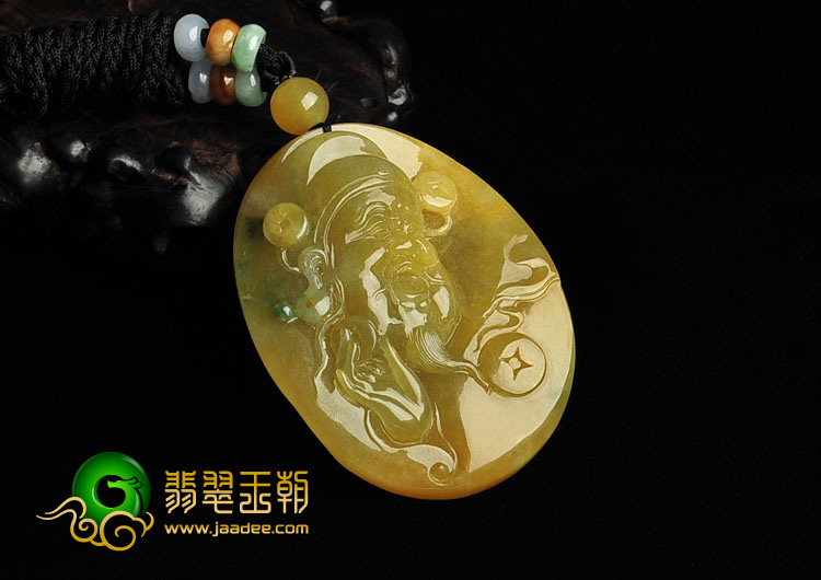 冰种黄翡略飘花缅甸翡翠A货财神挂件