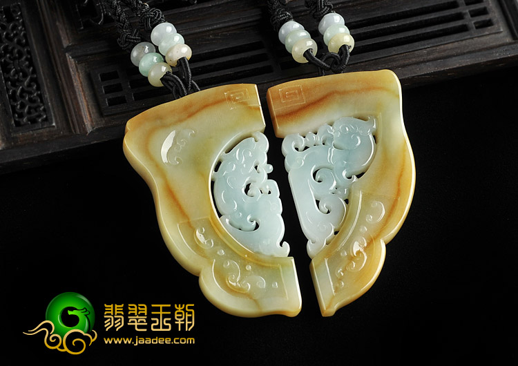 糯冰种褐黄翡缅甸翡翠A货龙凤呈祥对佩（一对）
