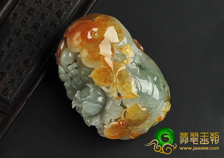 冰种褐黄翡飘花缅甸翡翠A货蝶恋花手玩件