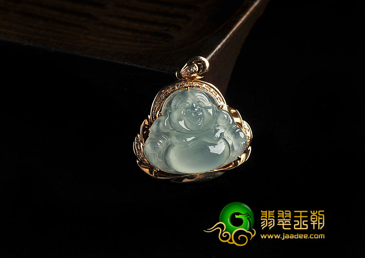 冰玻种缅甸翡翠A货镶玫瑰金玉佛胸坠（真钻）