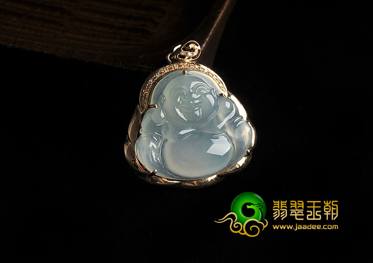冰种缅甸翡翠A货镶玫瑰金玉佛胸坠（真钻）