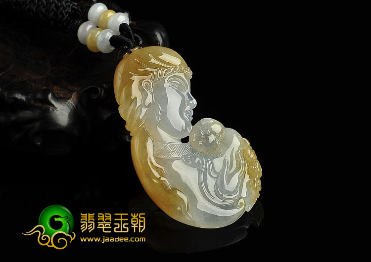 冰种褐黄翡缅甸翡翠A货母子情挂件