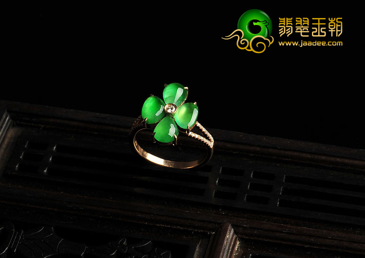 冰玻种黄秧绿缅甸翡翠A货镶玫瑰金四叶草戒指（真钻）