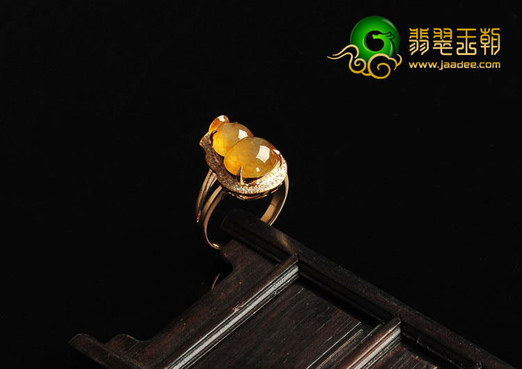冰种黄翡缅甸翡翠A货镶玫瑰金葫芦戒指（真钻）