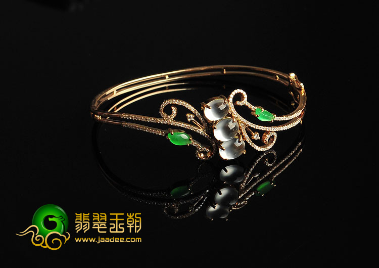 玻璃种无色/黄秧绿缅甸翡翠A货镶玫瑰金手镯(57.6mm-47.4mm)（真钻）