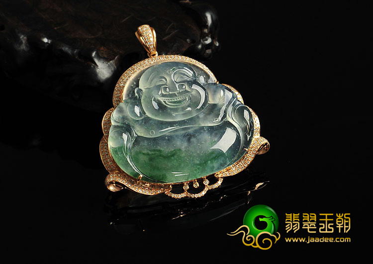 冰种飘花缅甸翡翠A货镶玫瑰金玉佛胸坠（真钻）