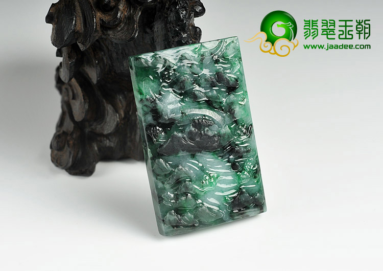 糯冰种藓加绿缅甸翡翠A货山水牌挂件