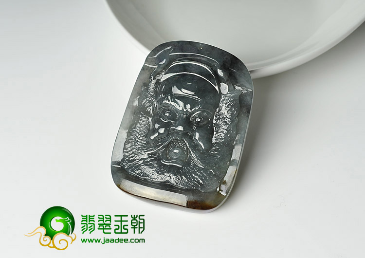 (超值推荐)糯冰种（乌鸡种）水墨色缅甸翡翠A货钟馗头挂件