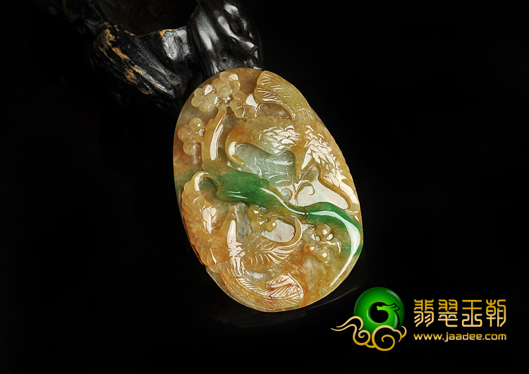 糯冰种黄加绿缅甸翡翠A货比翼双飞挂件