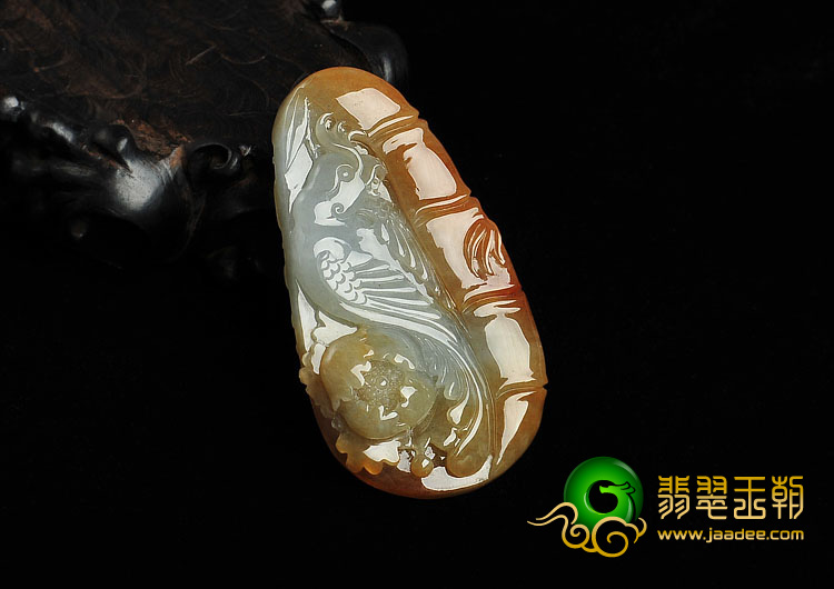 糯冰种褐红翡缅甸翡翠A货花鸟如意挂件