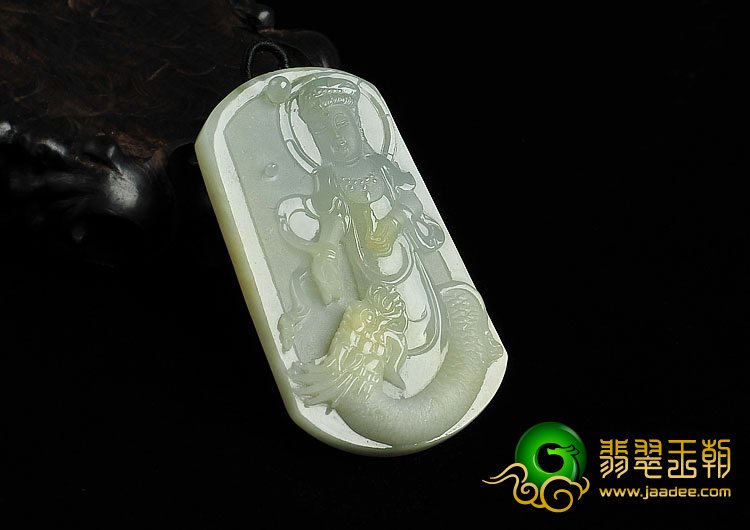 糯冰种淡黄翡缅甸翡翠A货降龙观音挂件