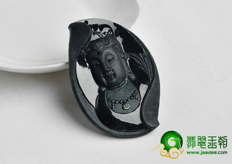 冰种墨翠缅甸翡翠A货观音头挂件