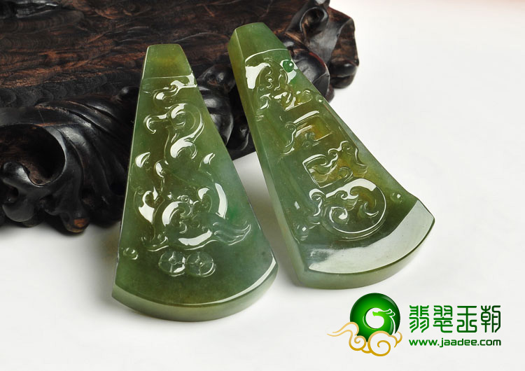 冰种褐黄翡缅甸翡翠A货仿古龙凤牌挂件（一对）