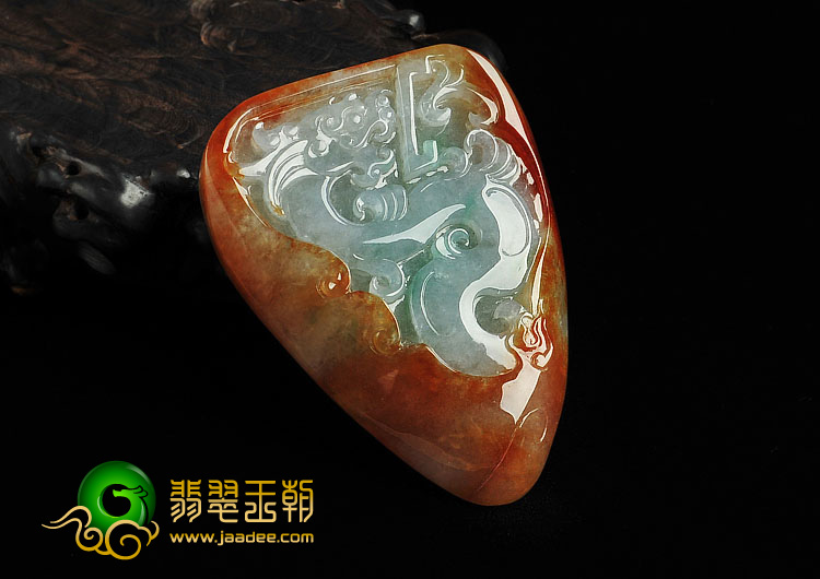冰种红黄翡飘翠缅甸翡翠A货仿古龙牌挂件