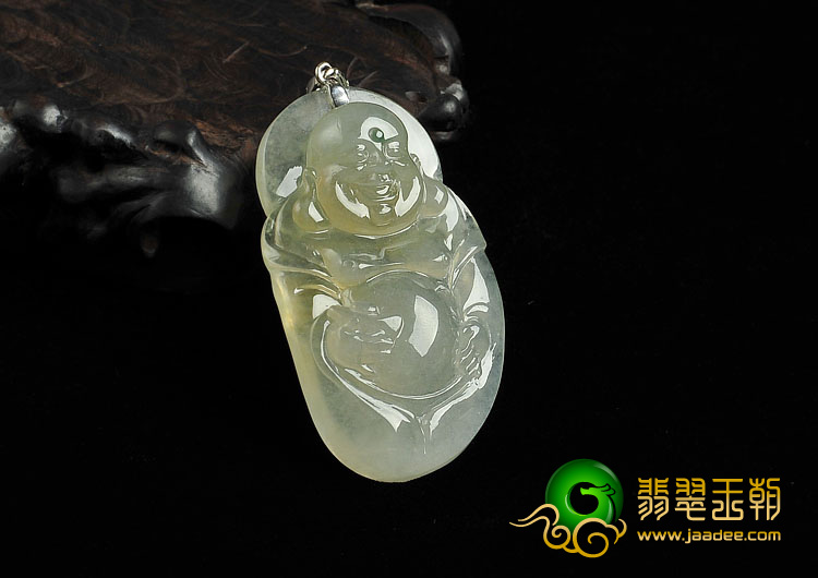 冰种淡黄翡略飘花缅甸翡翠A货玉佛挂件